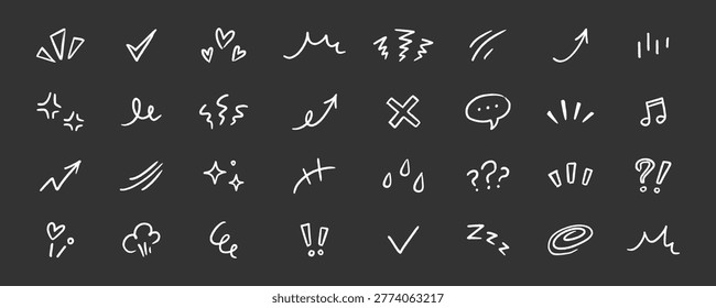 Line element effect hand drawn set. Hand drawn brush sketch line element icon arrow motion comic effect. Cute cartoon emoji emotion star, sparkle manga cloud movement. Vector illustration