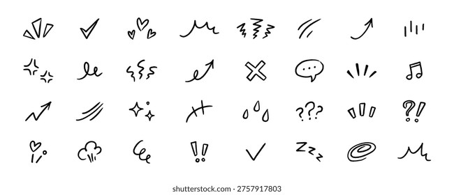 Line element movement hand drawn set. Line doodle sketch hand drawn movement effect icon pencil brush chalk stroke. Cute comic manga emoji emotion stars sparkle heart expression. Vector illustration