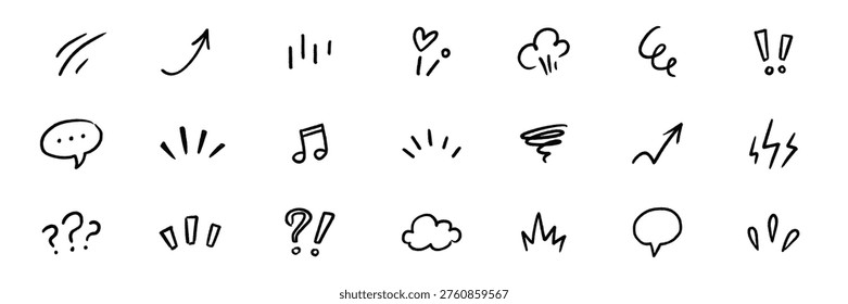 Line element movement hand drawn set. Hand drawn sketch line element icon brush pencil stroke movement chalk. Cute comic cartoon emoji bubble heart star sparkle expression manga. Vector illustration