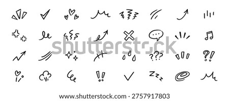 Line element movement hand drawn set. Line doodle sketch hand drawn movement effect icon pencil brush chalk stroke. Cute comic manga emoji emotion stars sparkle heart expression. Vector illustration