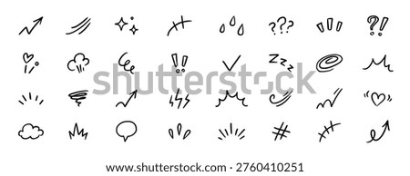 Line element movement hand drawn set. Line doodle sketch hand drawn movement effect icon pencil brush chalk stroke. Cute comic manga emoji emotion stars sparkle heart expression. Vector illustration