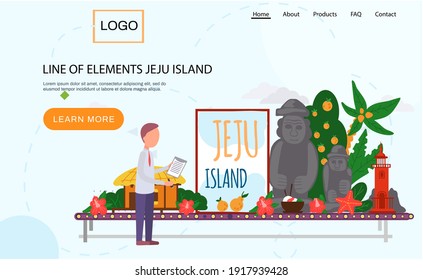Line of elements Jeju island landing page template. Traveling to Korea by botanical garden and park of stones. Conveyor belt with plants and statues attraction of beautiful island in south korea