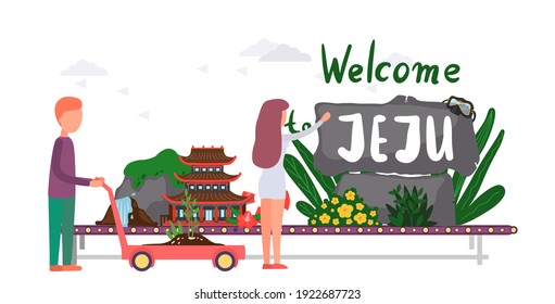 Line of elements Jeju island. Traveling to Korea by botanical garden and park of stones. Conveyor belt with plants and stones attraction of beautiful island in south korea