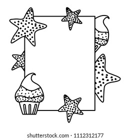 line emblem with sweet muffin and sea stars vector illustration