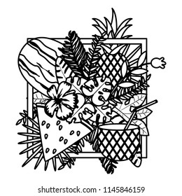 line emblem with tropical watermelon and pineapple fruits