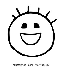 Line emoticons icon smile, joy emoji. Funny hand drawn head with protruding hair head, emoticon laugh, isolated on transparent background 