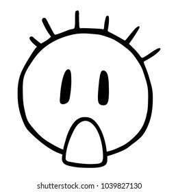 Line emoticons icon, smiley with open mouth, surprised emoji. Funny hand drawn head with protruding hair head, emoticon Surprise, isolated on transparent background
