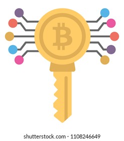 Line ending with bubbles i e nodes coming out of a key with bitcoin title is a perfect depiction of bitcoin key concept
