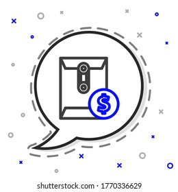 Sobre de línea con símbolo de dólar de moneda aislado en fondo blanco. Aumento salarial, nómina de dinero, ingresos por compensación. Concepto de esquema colorido. Ilustración vectorial