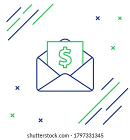 Sobre de línea con símbolo de dólar de moneda aislado en fondo blanco. Aumento salarial, nómina de dinero, ingresos por compensación. Concepto de esquema colorido. Vector