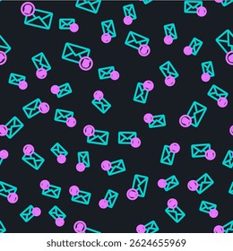 Icono de la línea del sobre aislado patrón inconsútil sobre fondo negro. Concepto de mensaje recibido. Nuevo, mensaje entrante de correo electrónico, SMS. Servicio de entrega de correo.  Vector