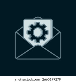 Icono de configuración de sobres de línea aislado sobre fondo negro. Estilo de contorno relleno plano con sombra. Vector