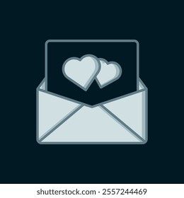 Line Envelope with Valentine heart icon isolated on black background. Message love. Letter love and romance. Flat filled outline style with shadow. Vector