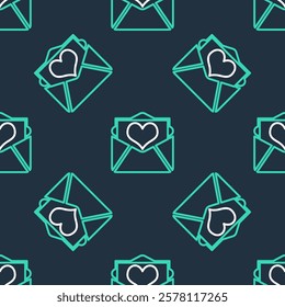 Line Envelope with Valentine heart icon isolated seamless pattern on black background. Letter love and romance.  Vector