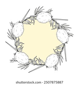 Line Etrog lemon fruit with Sukkot plants round wreath vector illustration for coloring and black and white stickers on pastel yellow. Jewish holiday greeting banner template in simple style