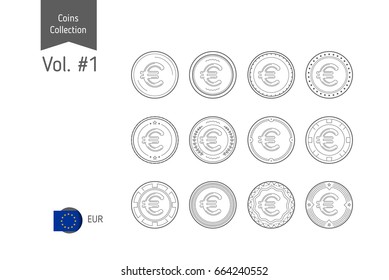 Line Euro coin vector. Isolated on white background. Simple thin line coin icons set for websites, web design, mobile app, infographics.