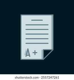Line Exam sheet with A plus grade icon isolated on black background. Test paper, exam, or survey concept. School test or exam. Flat filled outline style with shadow. Vector