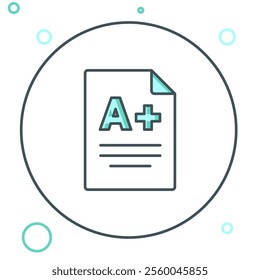 Line Exam sheet with A plus grade icon isolated on white background. Test paper, exam, or survey concept. School test or exam. Colorful outline concept. Vector