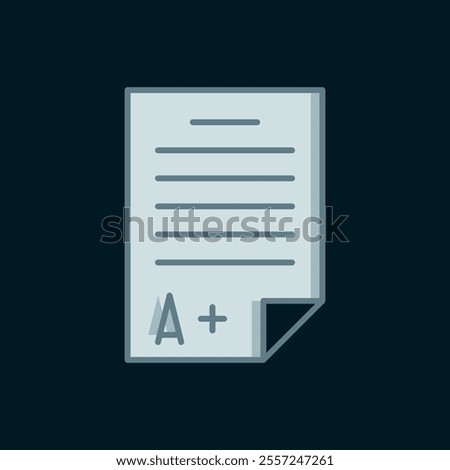 Line Exam sheet with A plus grade icon isolated on black background. Test paper, exam, or survey concept. School test or exam. Flat filled outline style with shadow. Vector