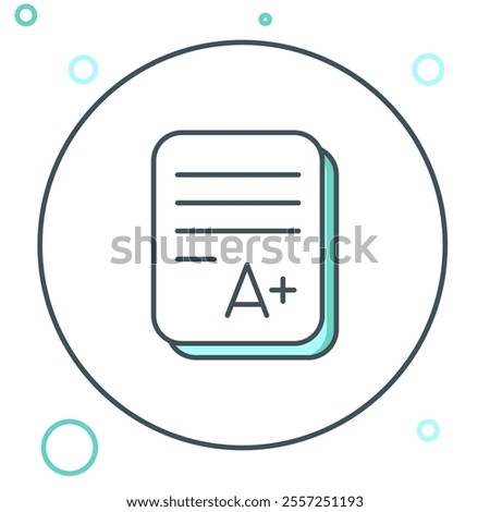 Line Exam sheet with A plus grade icon isolated on white background. Test paper, exam, or survey concept. School test or exam. Colorful outline concept. Vector