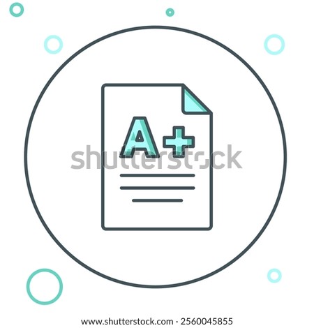 Line Exam sheet with A plus grade icon isolated on white background. Test paper, exam, or survey concept. School test or exam. Colorful outline concept. Vector