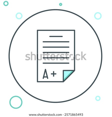 Line Exam sheet with A plus grade icon isolated on white background. Test paper, exam, or survey concept. School test or exam. Colorful outline concept. Vector