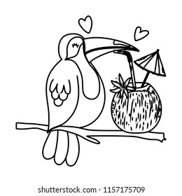 line exotic bird with tropical coconut beverage