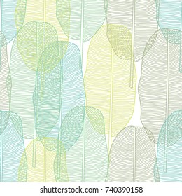Line exotic leaves. Vector seamless pattern.