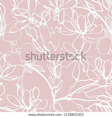 Line exotic magnolia flowers illustration pattern. Contemporary floral seamless pattern. Fashionable template for design. Abstract floral pattern.