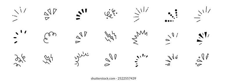 Elementos de ícone de raio de intermitência surpresa de explosão de linha. Ícone de linha surpresa de explosão desenhada à mão para ilustração de título. Desenho exclamação confete vetor ilustração.