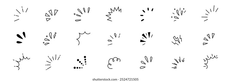 Elementos de ícone de raio de intermitência surpresa de explosão de linha. Ícone de linha surpresa de explosão desenhada à mão para ilustração de título. Desenho exclamação confete vetor ilustração.