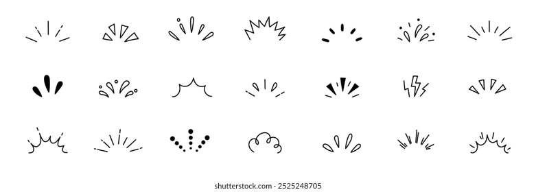 Line explosion surprise burst ray icon elements. Hand drawn explosion surprise line icon for title headline illustration. Doodle exclamation confetti vector illustration.