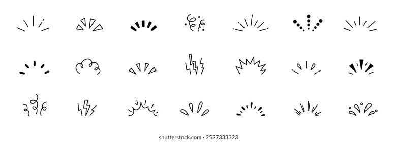 Line explosion surprise burst ray icon elements. Hand drawn explosion surprise line icon for title headline illustration. Doodle exclamation confetti vector illustration.