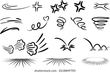 Line Expressive Effect Cartoon Comic Anime Doodle Hand Getrokken Vector Elementen met dynamische beweging impact burst swoosh en expressieve schets elementen.