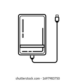 Linie Externe Festplatte Symbol mit USB-Kabel einzeln auf weißem Hintergrund. Powerbank zum Laden von mobilen Geräten. Tragbare externe Festplatte. Vektorillustration des Speicherlaufwerks