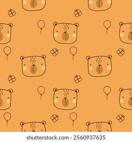 Line face bear cartoon so cute. On balloon gift yellow background. Pattern seamless vector illustration. 