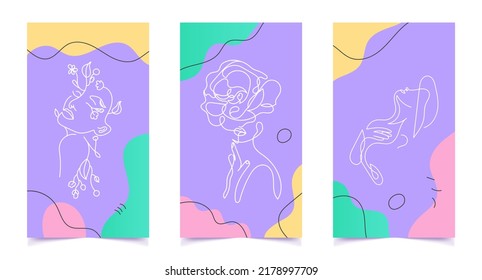 Line face minimalistic poster set. Trendy style cover. Portrait with fluid shapes. Vector illustration concept