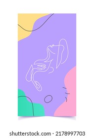 Illustration des Zeilenkreises. Vektorflyer mit Frau auf violettem Hintergrund. Minimalistische Abdeckung mit flüssigen Elementen. Vektorgrafik
