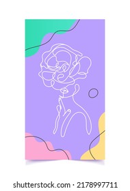 Line face person illustartion. Vector flyer with woman on purple background. Minimalistic cover with fluid elements. Vector illustartion