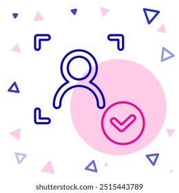 Line Face recognition with check mark icon isolated on white background. Face identification scanner icon. Facial id. Cyber security concept. Colorful outline concept. Vector