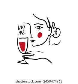 Line faces trendy red wine glass portrait. Abstract linear minimalistic face composition. Monochrome print for clothes, textile and other. Vector fashion illustration art