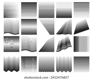 Line fade pattern. Collection Faded halftone black lines. Fading linear gradient. Vector isolated pattern on white background. Degraded fades stripe, smooth, thin, curved lines to square shape.