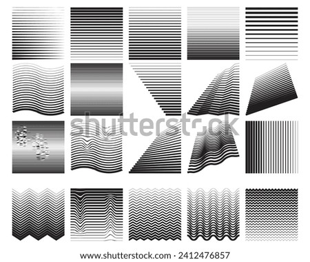 Line fade pattern. Collection Faded halftone black lines. Fading linear gradient. Vector isolated pattern on white background. Degraded fades stripe, smooth, thin, curved lines to square shape.