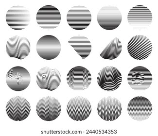 Conjunto de patrones de desvanecimiento de línea. Líneas negras de semitonos atenuadas. Degradado lineal. Vector aislado patrón de forma redonda sobre fondo blanco. Desvanecimientos degradados, líneas suaves, finas y curvas