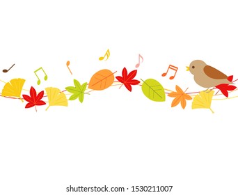 A line of fallen leaves reflecting the image of autumn. birds and musical notes to make it fun.