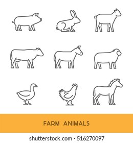 Line farm animals isolated on white background. Vector linear cow, pig and rabbit.