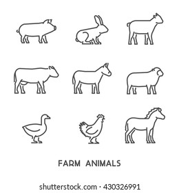 Line farm animals with open path. Vector linear silhouettes cow, pig, rabbit and goat isolated on white.
