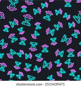 Line Farmer in the hat icon isolated seamless pattern on black background.  Vector