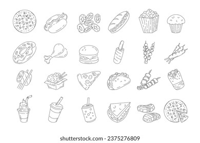 line fast food icons set. Unhealthy food and drinks set