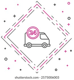 Line Fast round the clock delivery by car icon isolated on white background. Colorful outline concept. Vector Illustration